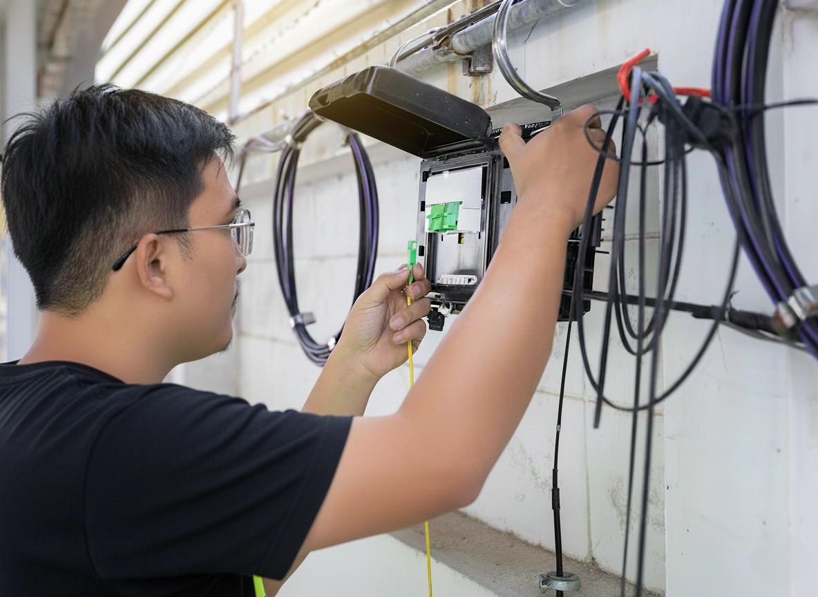 technician inspecting data cable