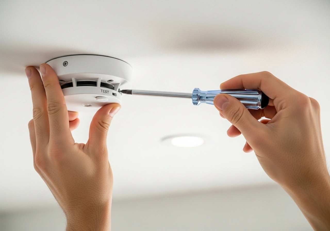 Technician fitting hardwired smoke alarm in Sydney residential property